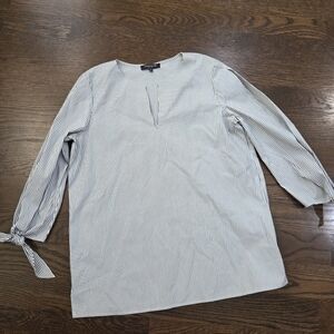 Lafayette 148 Striped Long Sleeve Blouse with Tie Cuffs Sz.M Olive Green/white